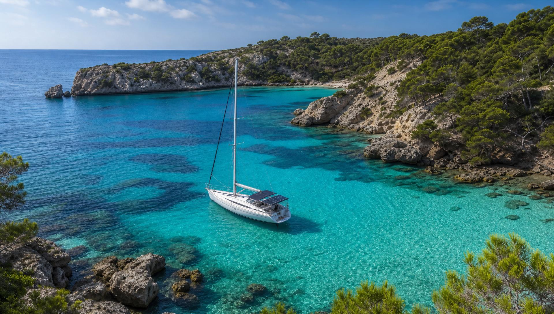 Sailing yacht anchored in a turquoise Menorcan cala with rocky pine coastline