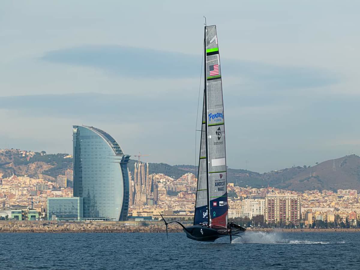 Racing yacht training on the water off Barcelona